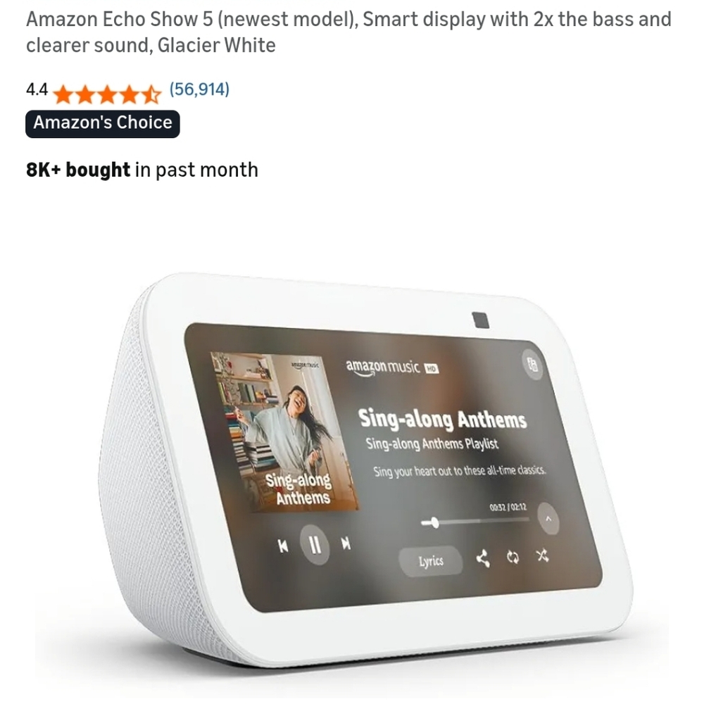 Amazon Echo Show 5 Touchscreen Compact Smart Display w/Alexa, White